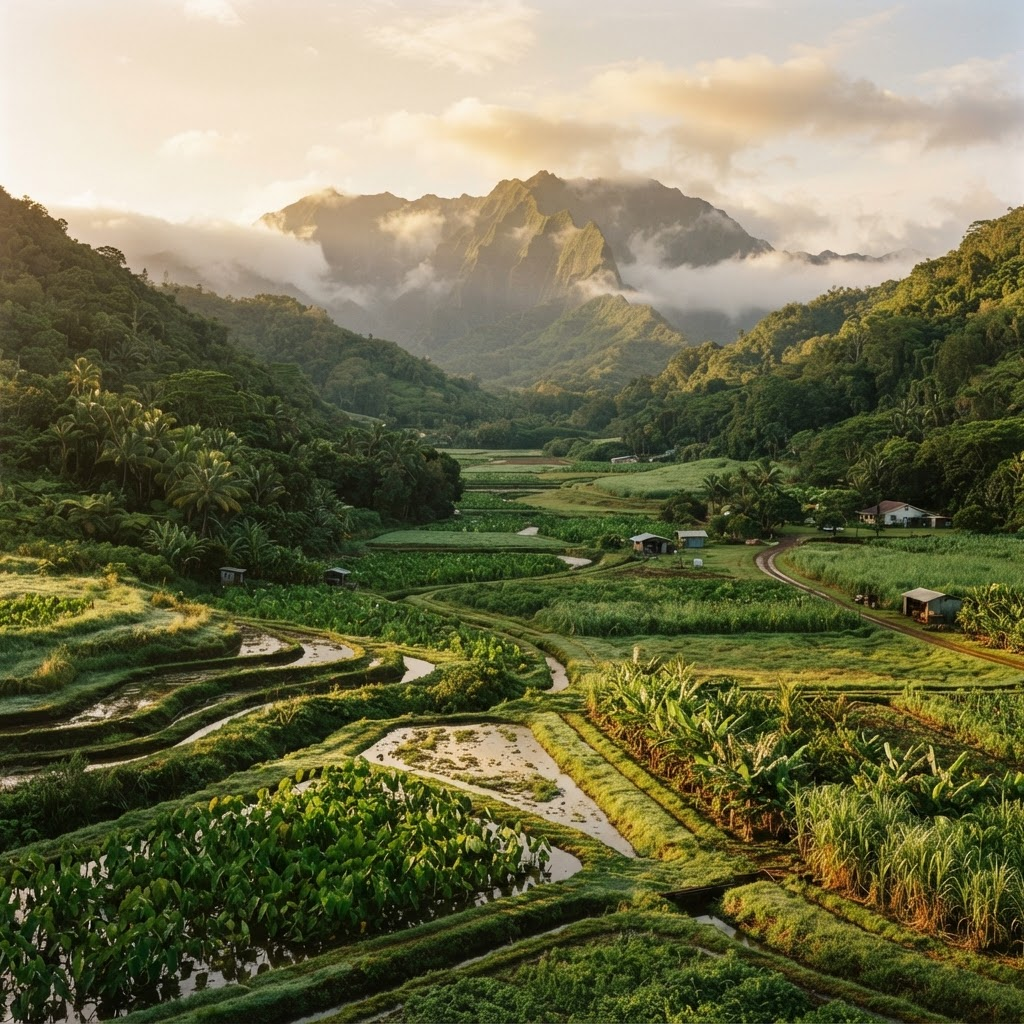 Terraced farmland in a lush Hawaiian valley at sunrise