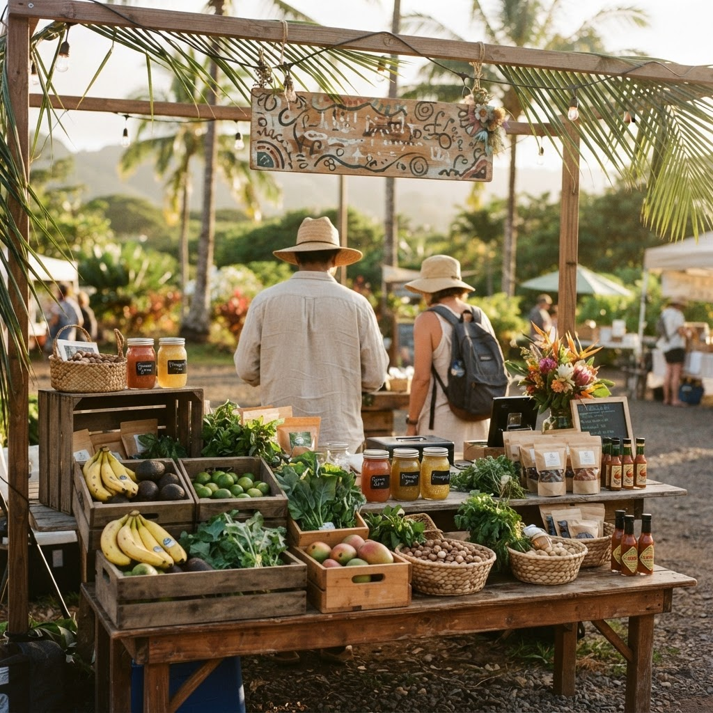An outdoor local food pop-up stand in Hawai\u02bbi with crates of fresh produce and packaged foods at golden hour