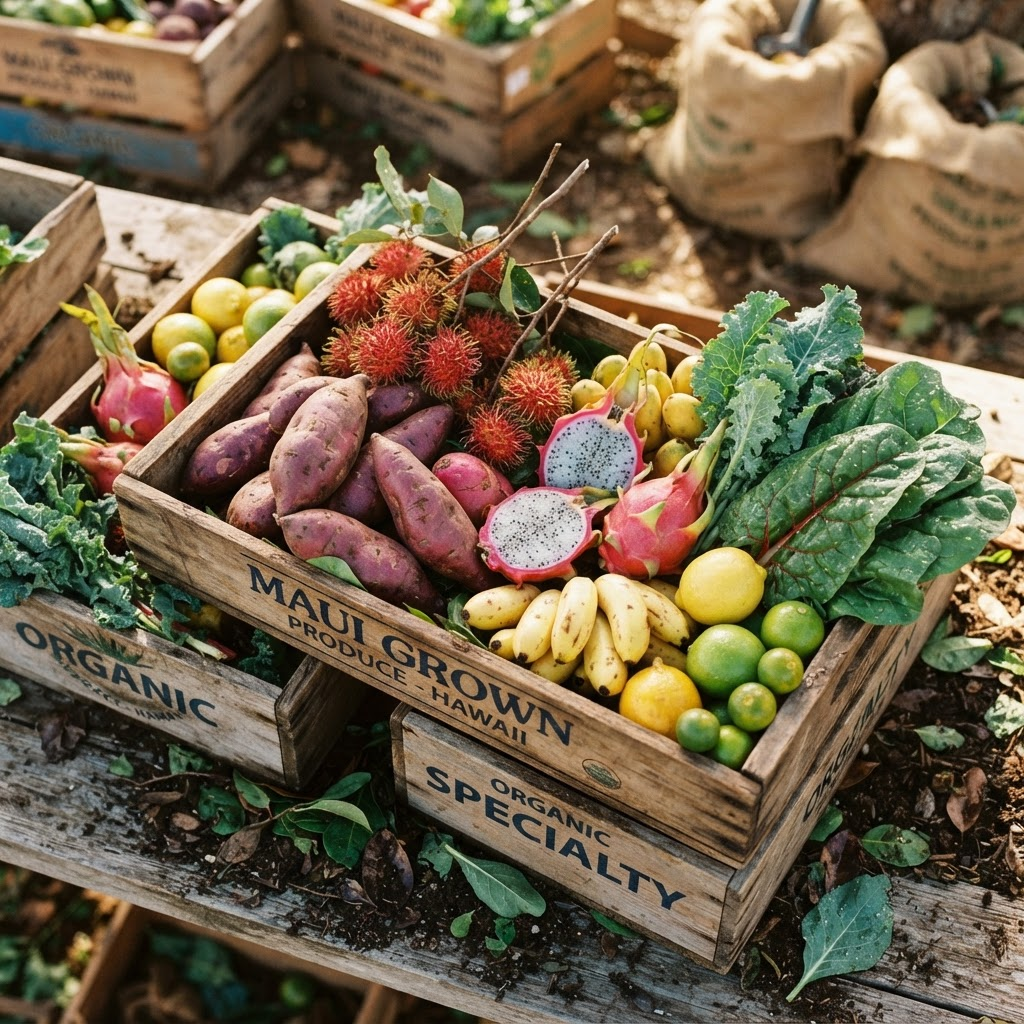 Crates of fresh local Hawaiian produce staged for delivery, including sweet potatoes, dragon fruit, and leafy greens